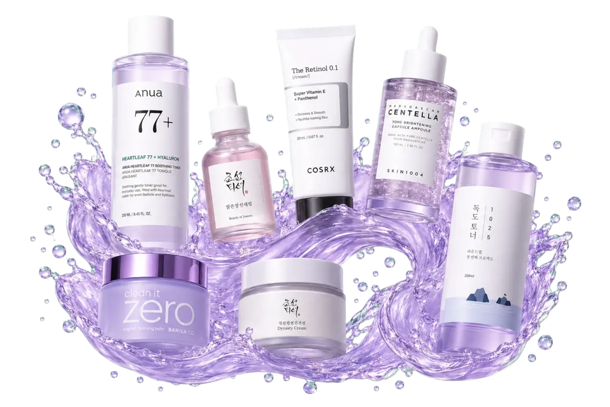 Premium Korean skincare products in a lavender water splash